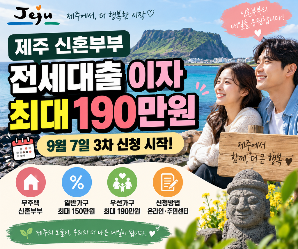 제주 신혼부부 전세대출 이자 최대 190만원｜9월 7일 3차 신청 시작